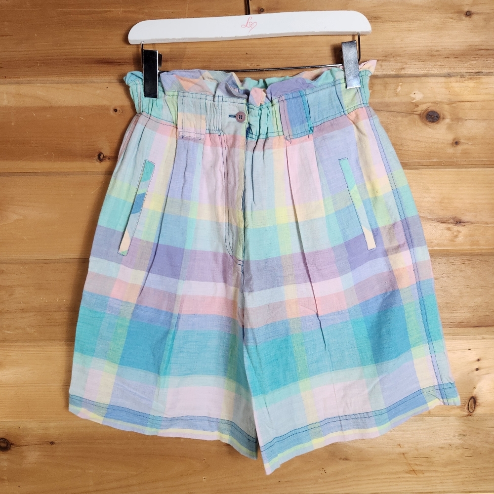 Vtg Just Class Madras Plaid Pastel Paper Bag Shorts Womens M High Rise Wide Leg